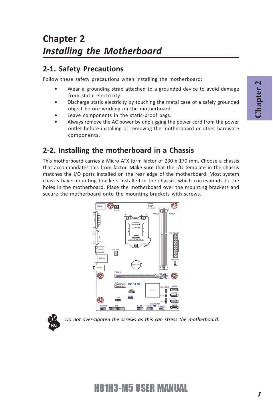 Chapter 2 installing the motherboard, H81h3-m5 user manual, Chapter 2 | Elitegroup H81H3-M5 (V1.0) User Manual | Page 11 / 68