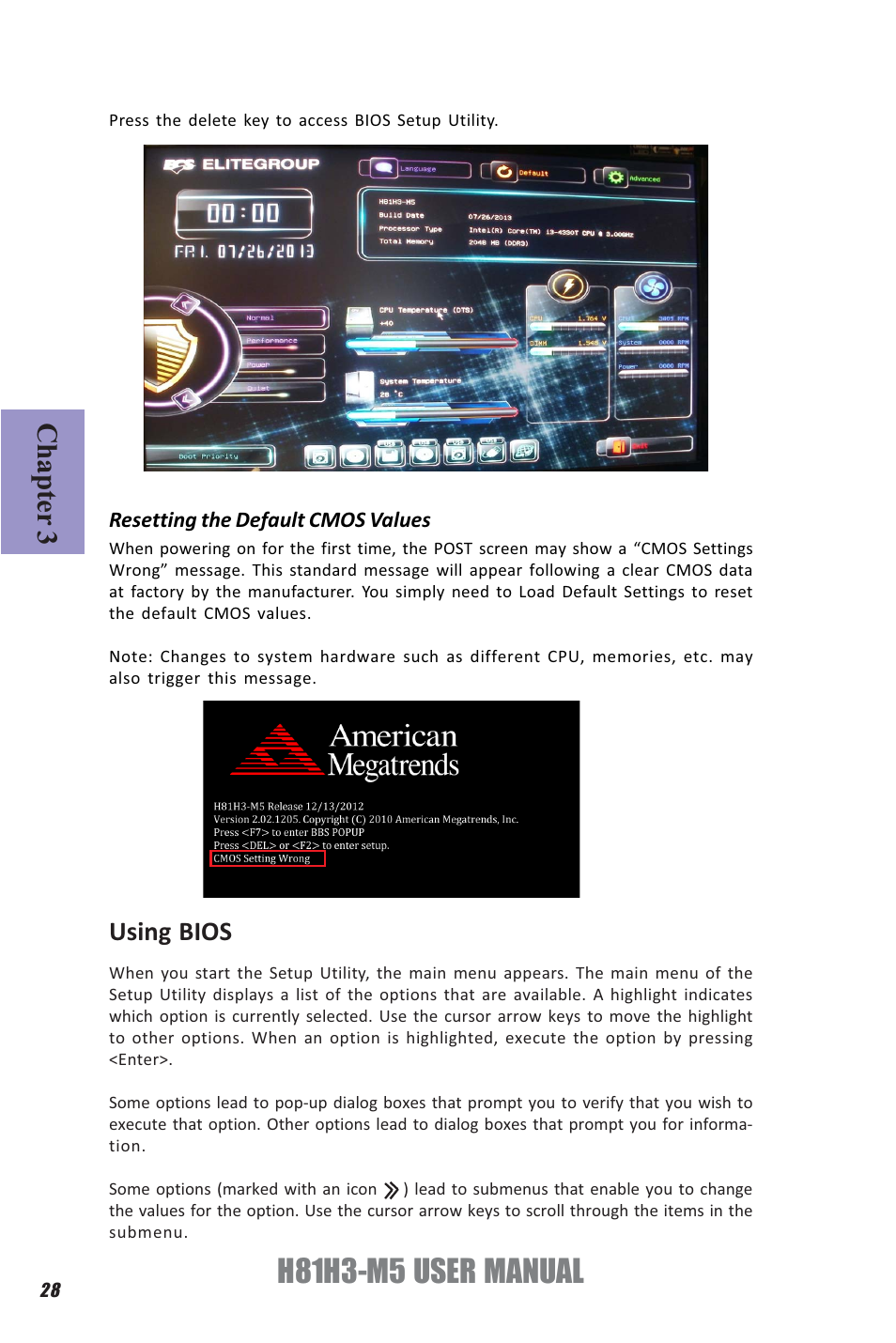 H81h3-m5 user manual, Chapter 3, Using bios | Elitegroup H81H3-M5 (V1.0) User Manual | Page 32 / 68