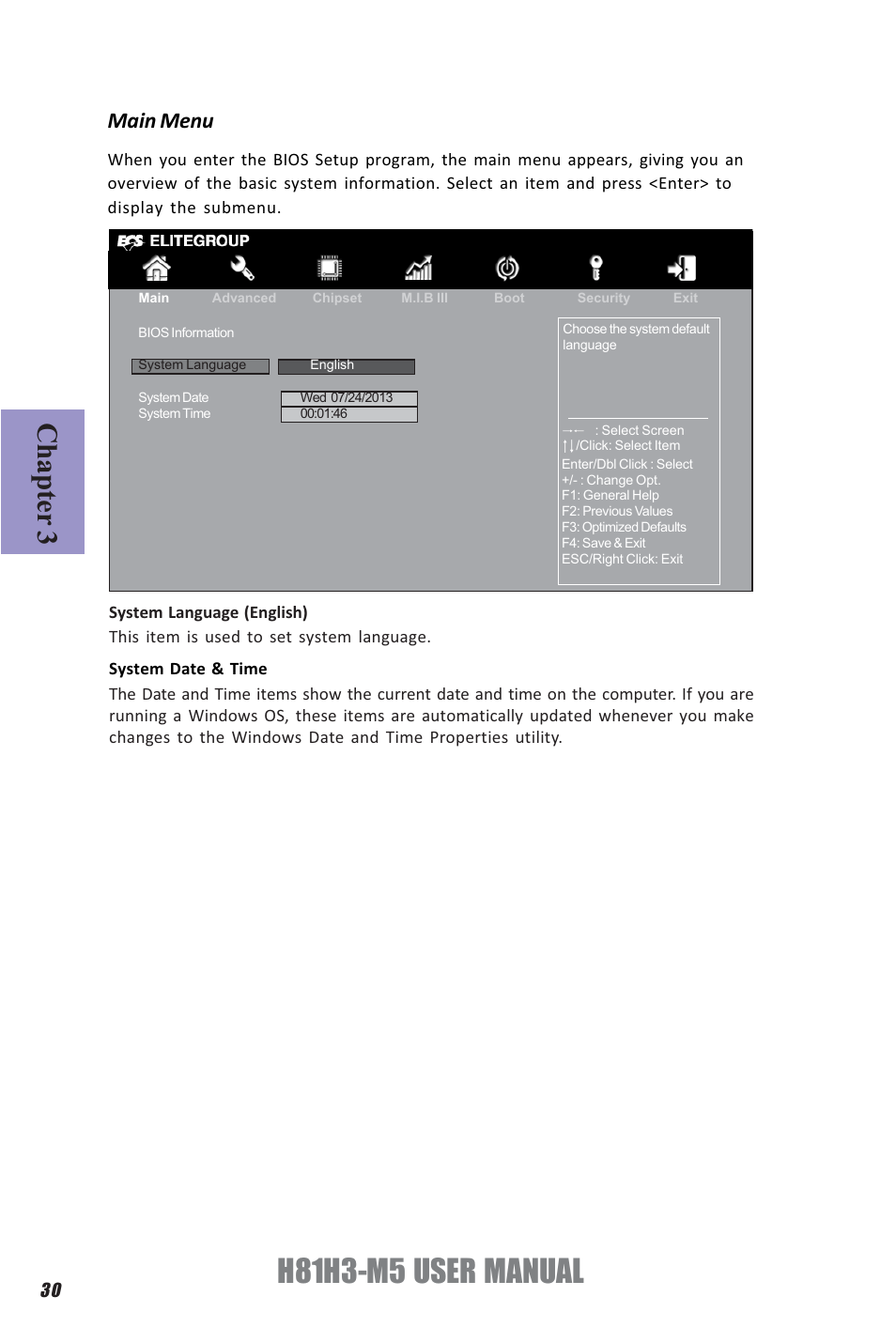 H81h3-m5 user manual, Chapter 3, Main menu | Elitegroup H81H3-M5 (V1.0) User Manual | Page 34 / 68
