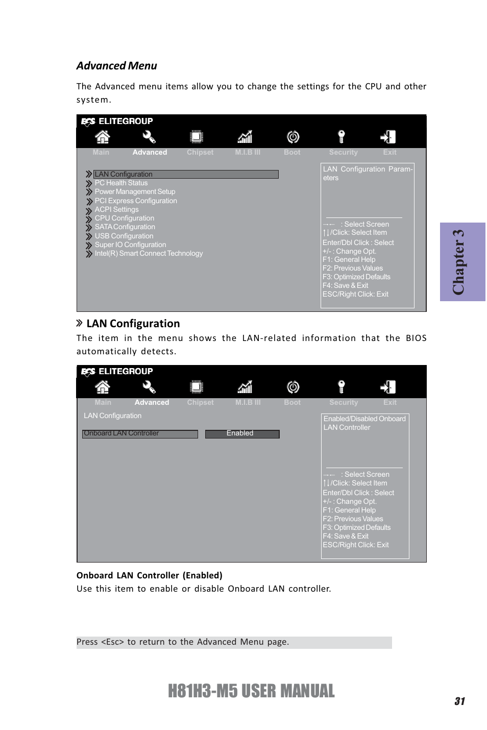 H81h3-m5 user manual, Chapter 3, Advanced menu lan configuration | Elitegroup H81H3-M5 (V1.0) User Manual | Page 35 / 68