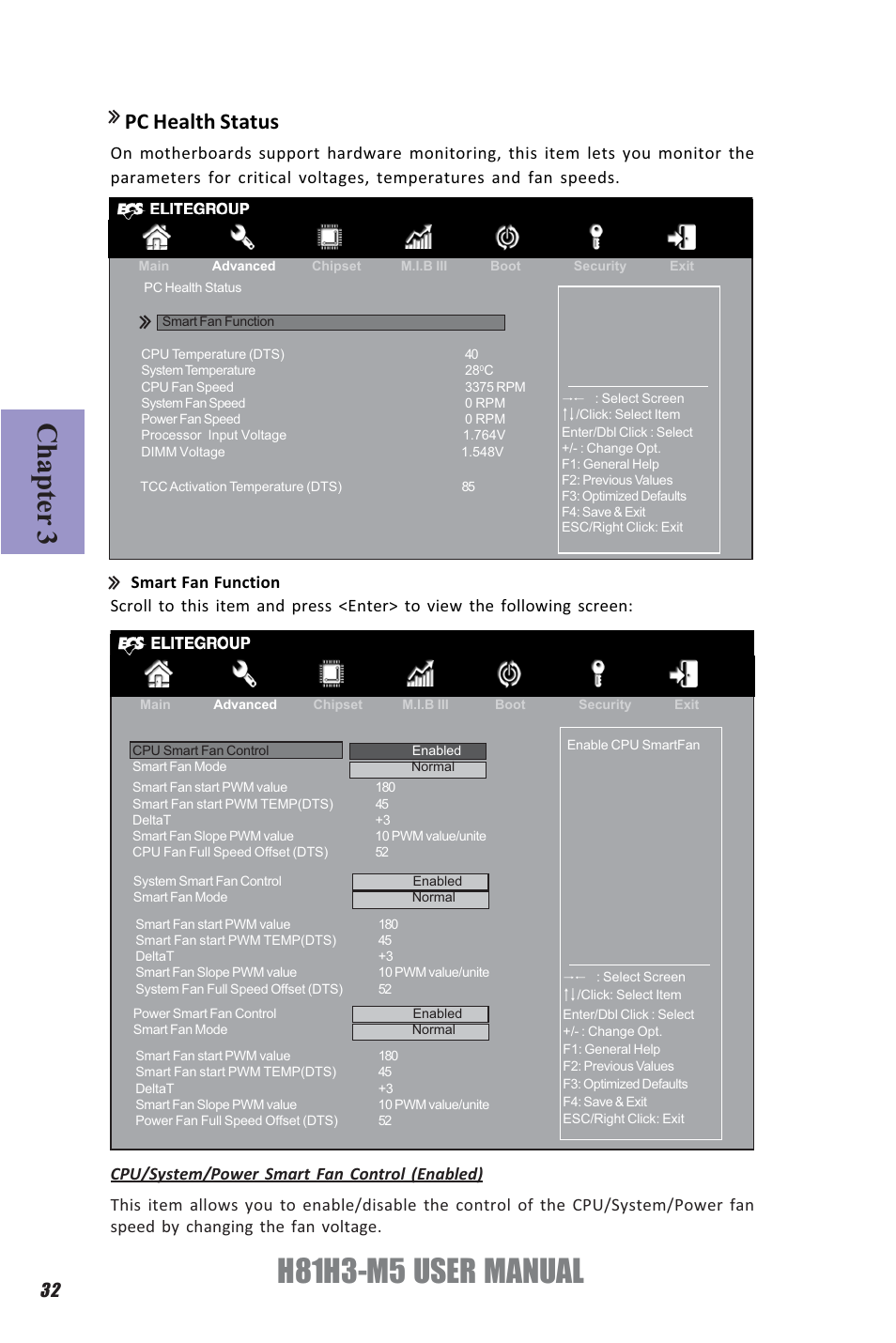 H81h3-m5 user manual, Chapter 3, Pc health status | Elitegroup H81H3-M5 (V1.0) User Manual | Page 36 / 68