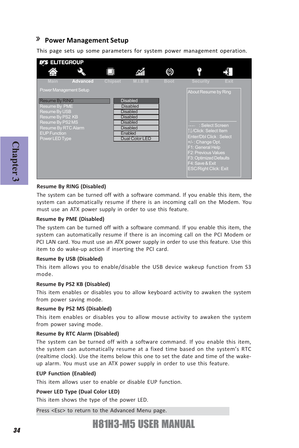 H81h3-m5 user manual, Chapter 3, Power management setup | Elitegroup H81H3-M5 (V1.0) User Manual | Page 38 / 68