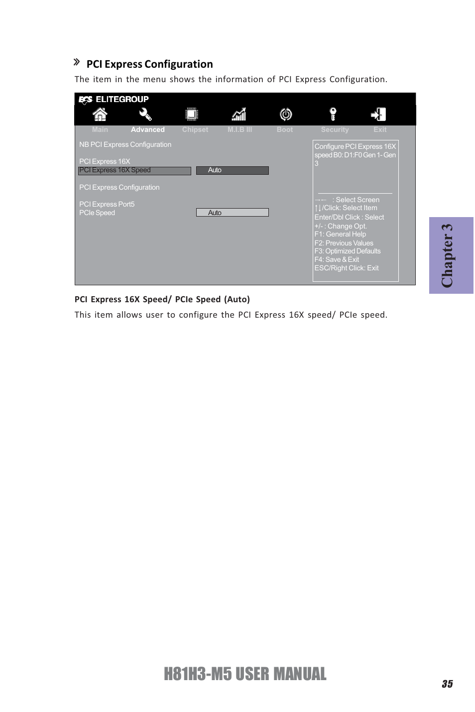 H81h3-m5 user manual, Chapter 3, Pci express configuration | Elitegroup H81H3-M5 (V1.0) User Manual | Page 39 / 68