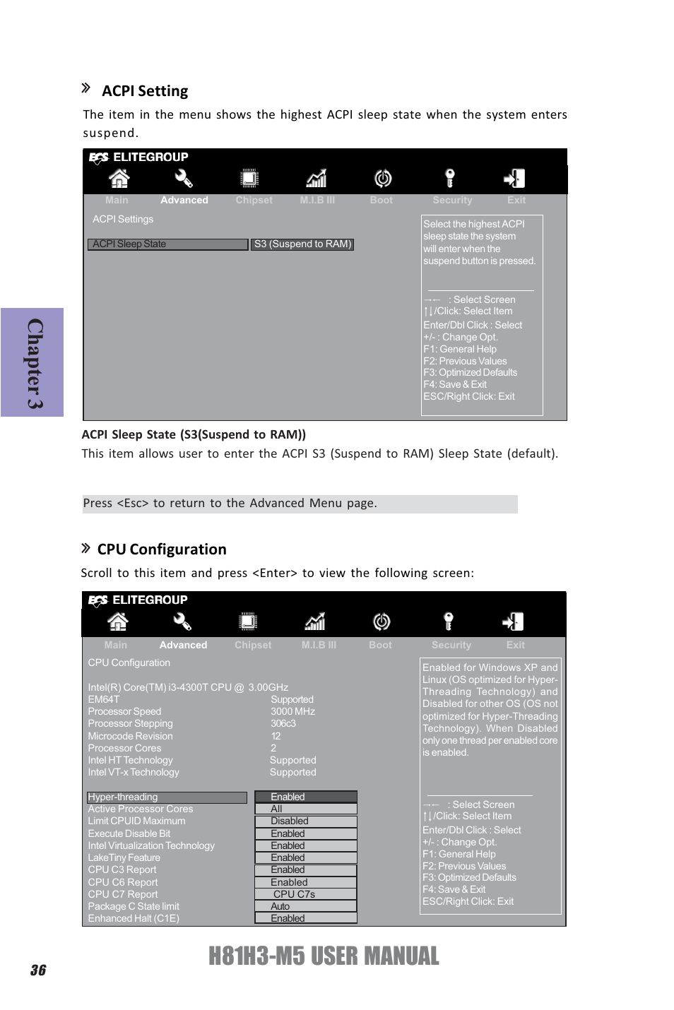 H81h3-m5 user manual, Chapter 3, Acpi setting | Cpu configuration | Elitegroup H81H3-M5 (V1.0) User Manual | Page 40 / 68