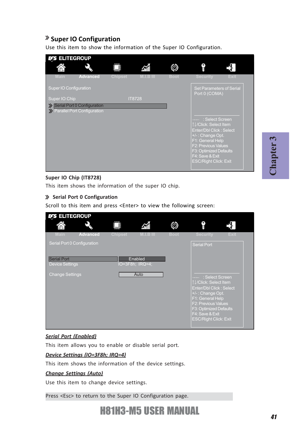 H81h3-m5 user manual, Chapter 3, Super io configuration | Elitegroup H81H3-M5 (V1.0) User Manual | Page 45 / 68