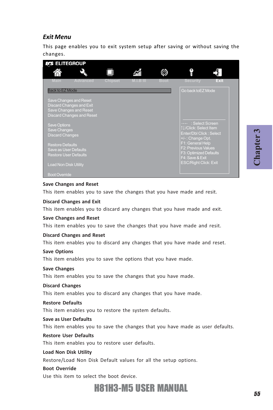 H81h3-m5 user manual, Chapter 3, Exit menu | Elitegroup H81H3-M5 (V1.0) User Manual | Page 59 / 68