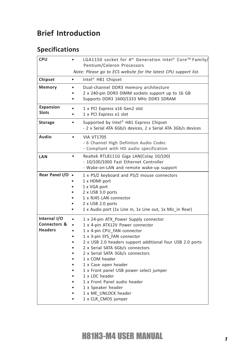 H81h3-m4 user manual, Brief introduction, Specifications | Elitegroup H81H3-M4 (V1.0A) User Manual | Page 3 / 30