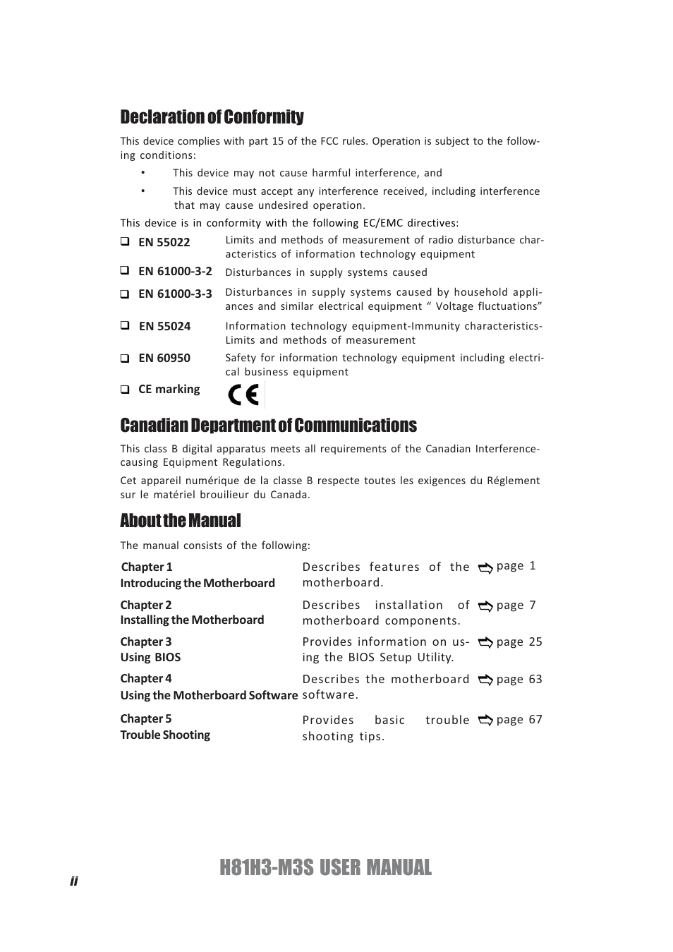 H81h3-m3s user manual, Declaration of conformity, Canadian department of communications | About the manual | Elitegroup H81H3-M3S/TPM (V1.0) User Manual | Page 2 / 74