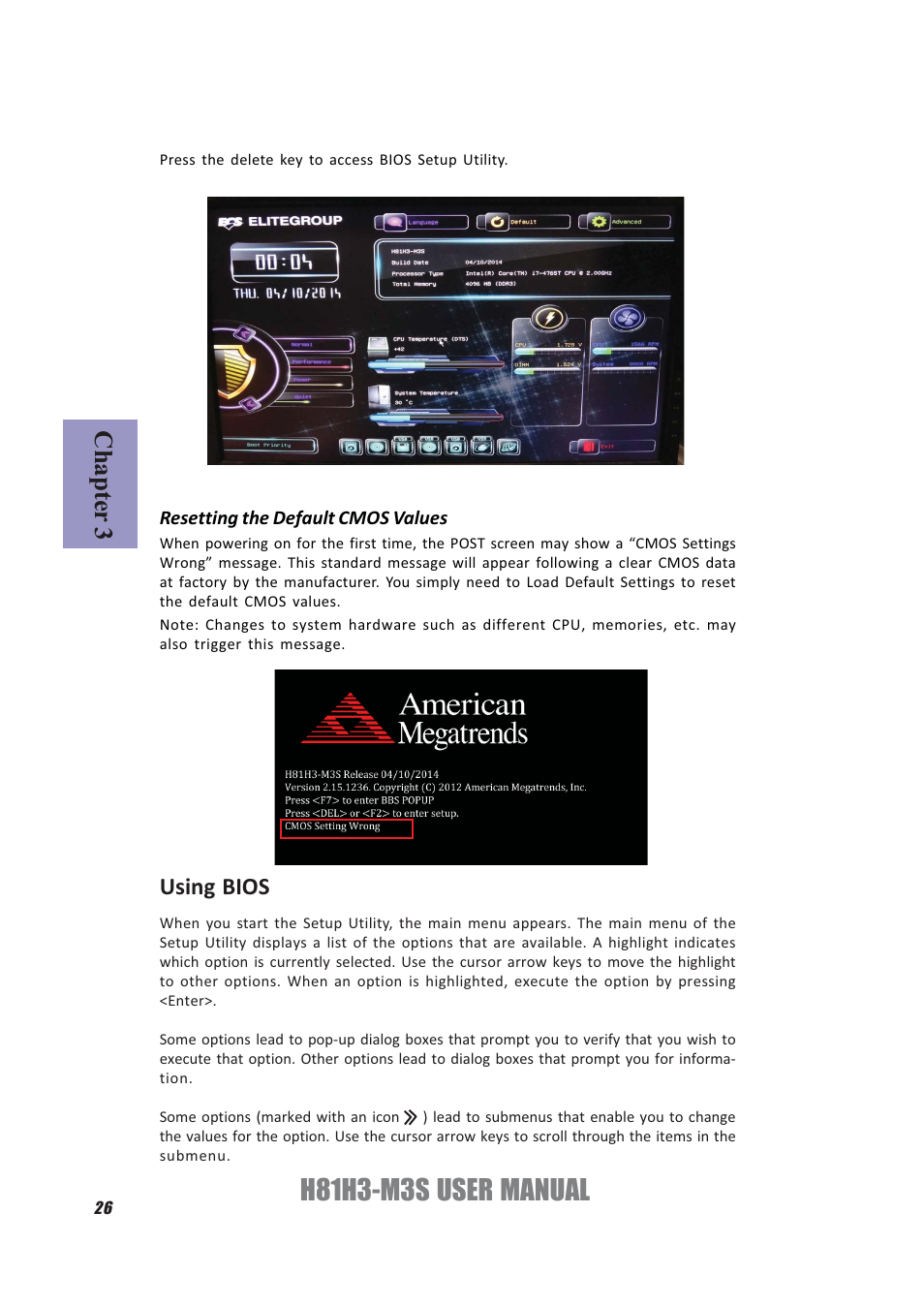 H81h3-m3s user manual, Chapter 3, Using bios | Elitegroup H81H3-M3S/TPM (V1.0) User Manual | Page 30 / 74