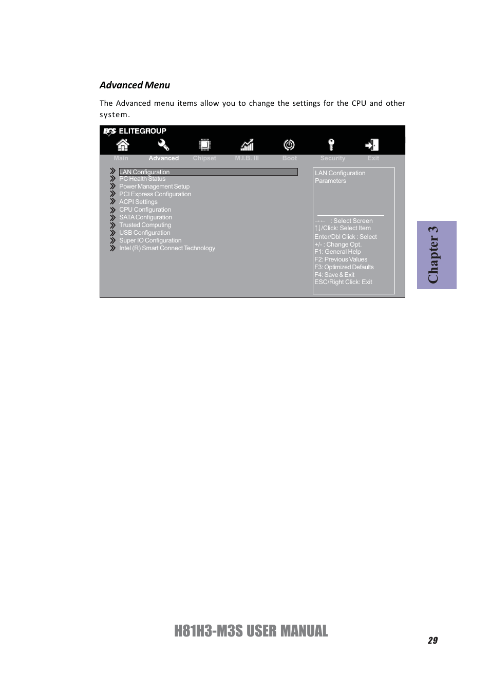 H81h3-m3s user manual, Chapter 3, Advanced menu | Elitegroup H81H3-M3S/TPM (V1.0) User Manual | Page 33 / 74