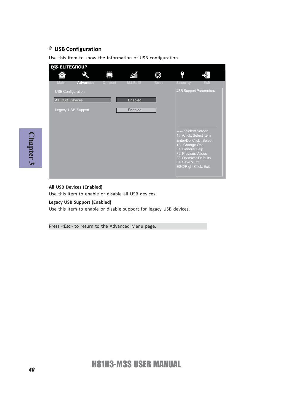 H81h3-m3s user manual, Chapter 3, Usb configuration | Elitegroup H81H3-M3S/TPM (V1.0) User Manual | Page 44 / 74