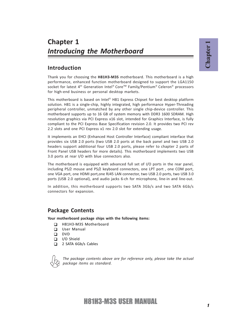 Chapter 1 introducing the motherboard, H81h3-m3s user manual, Chapter 1 | Introduction, Package contents | Elitegroup H81H3-M3S/TPM (V1.0) User Manual | Page 5 / 74