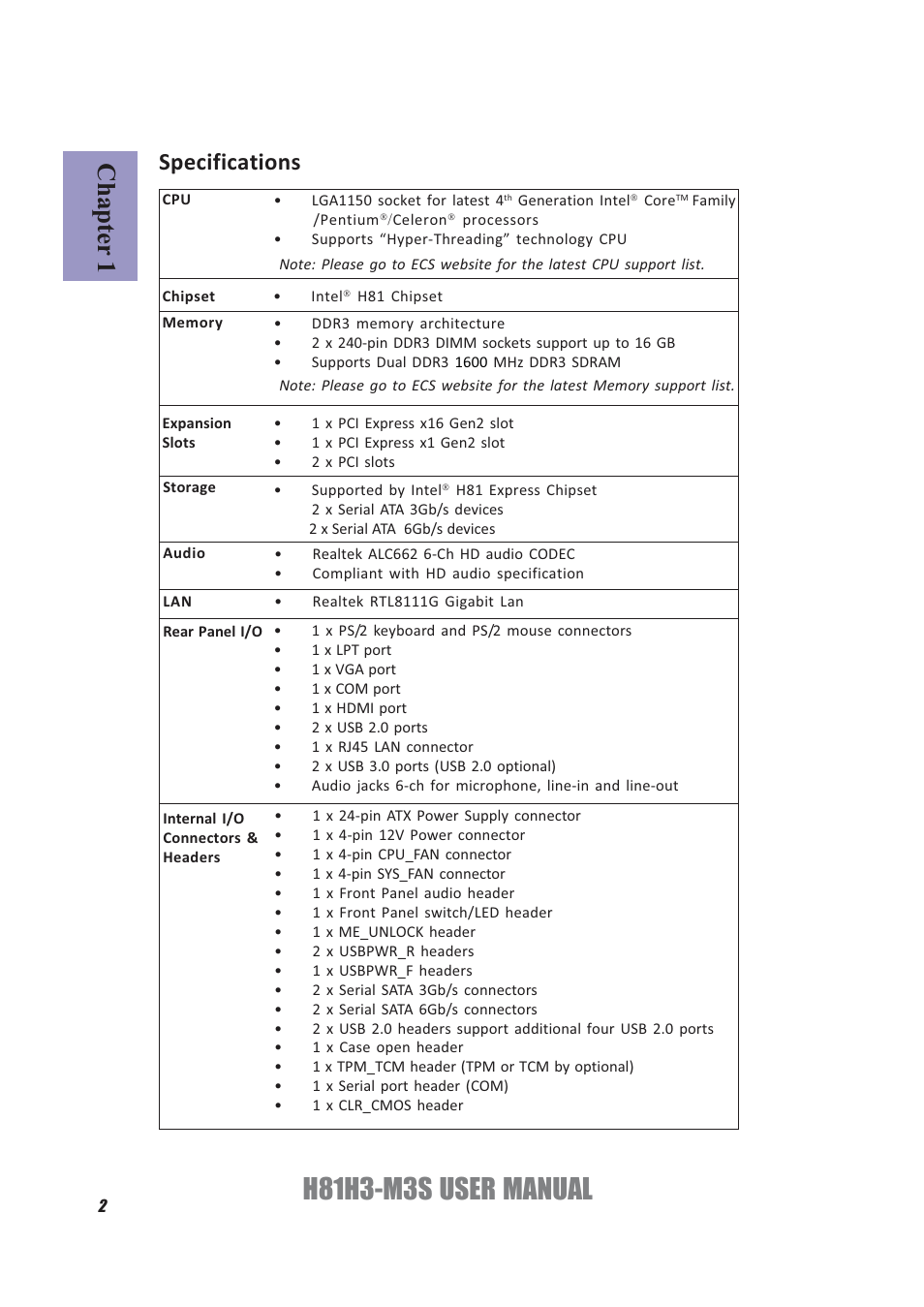 H81h3-m3s user manual, Chapter 1, Specifications | Elitegroup H81H3-M3S/TPM (V1.0) User Manual | Page 6 / 74