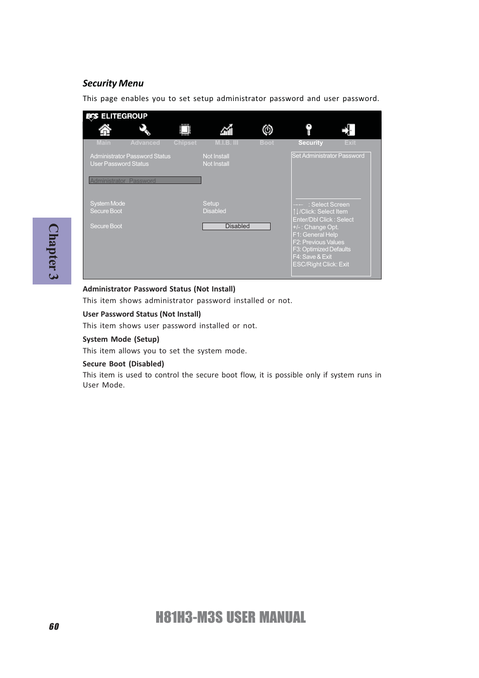 H81h3-m3s user manual, Chapter 3, Security menu | Elitegroup H81H3-M3S/TPM (V1.0) User Manual | Page 64 / 74