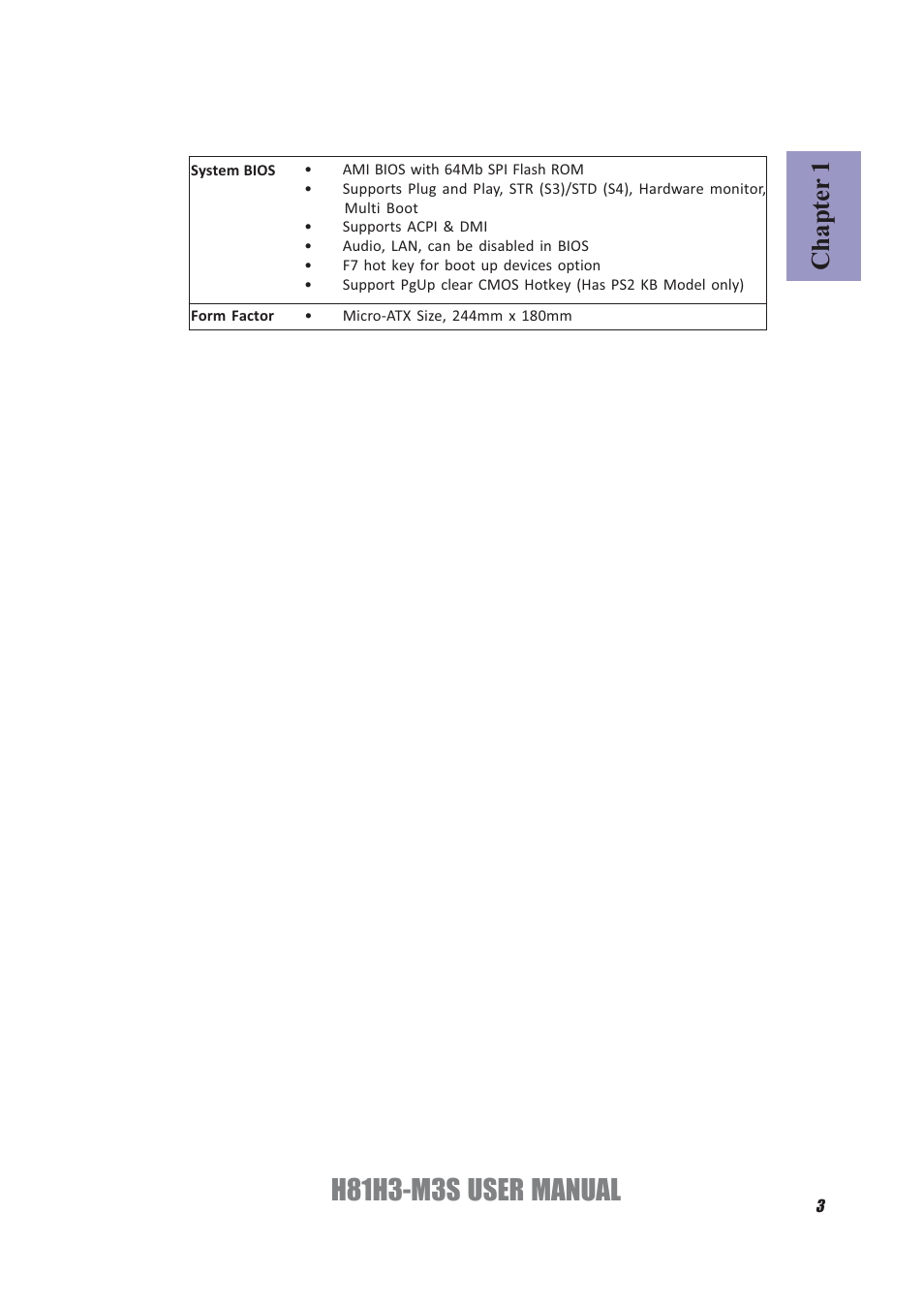 H81h3-m3s user manual, Chapter 1 | Elitegroup H81H3-M3S/TPM (V1.0) User Manual | Page 7 / 74