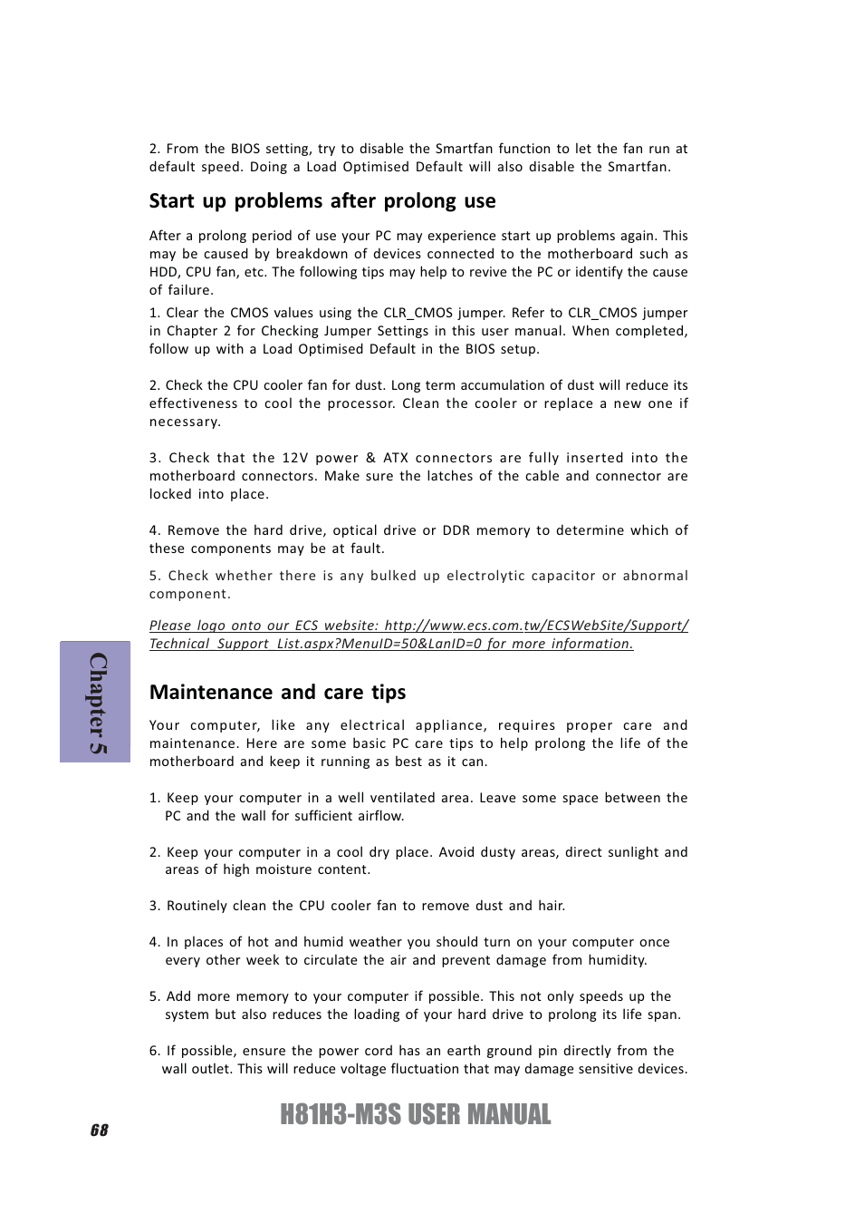 H81h3-m3s user manual, Chapter 5, Start up problems after prolong use | Maintenance and care tips | Elitegroup H81H3-M3S/TPM (V1.0) User Manual | Page 72 / 74