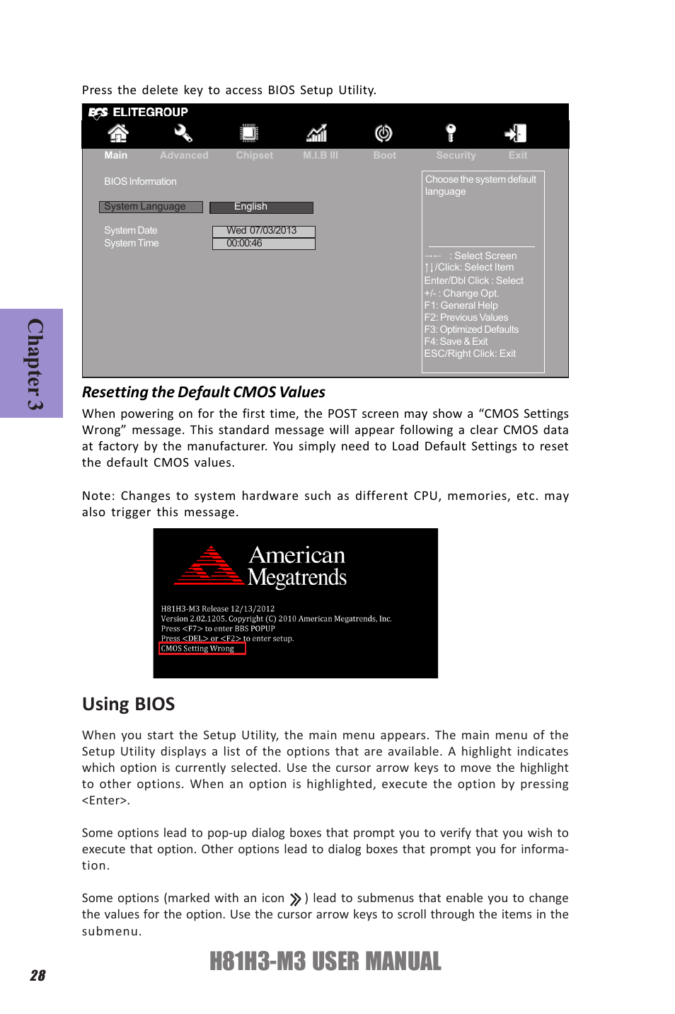 H81h3-m3 user manual, Chapter 3, Using bios | Resetting the default cmos values | Elitegroup H81H3-M3 (V1.0) User Manual | Page 32 / 72