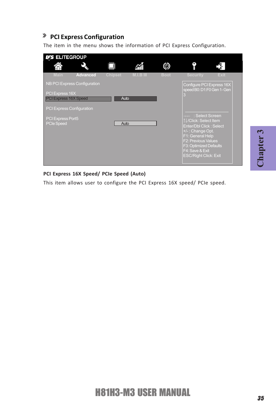H81h3-m3 user manual, Chapter 3, Pci express configuration | Elitegroup H81H3-M3 (V1.0) User Manual | Page 39 / 72