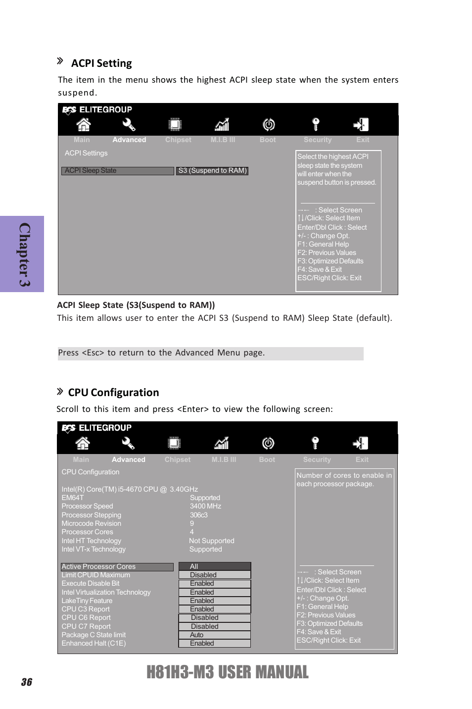 H81h3-m3 user manual, Chapter 3, Acpi setting | Cpu configuration | Elitegroup H81H3-M3 (V1.0) User Manual | Page 40 / 72