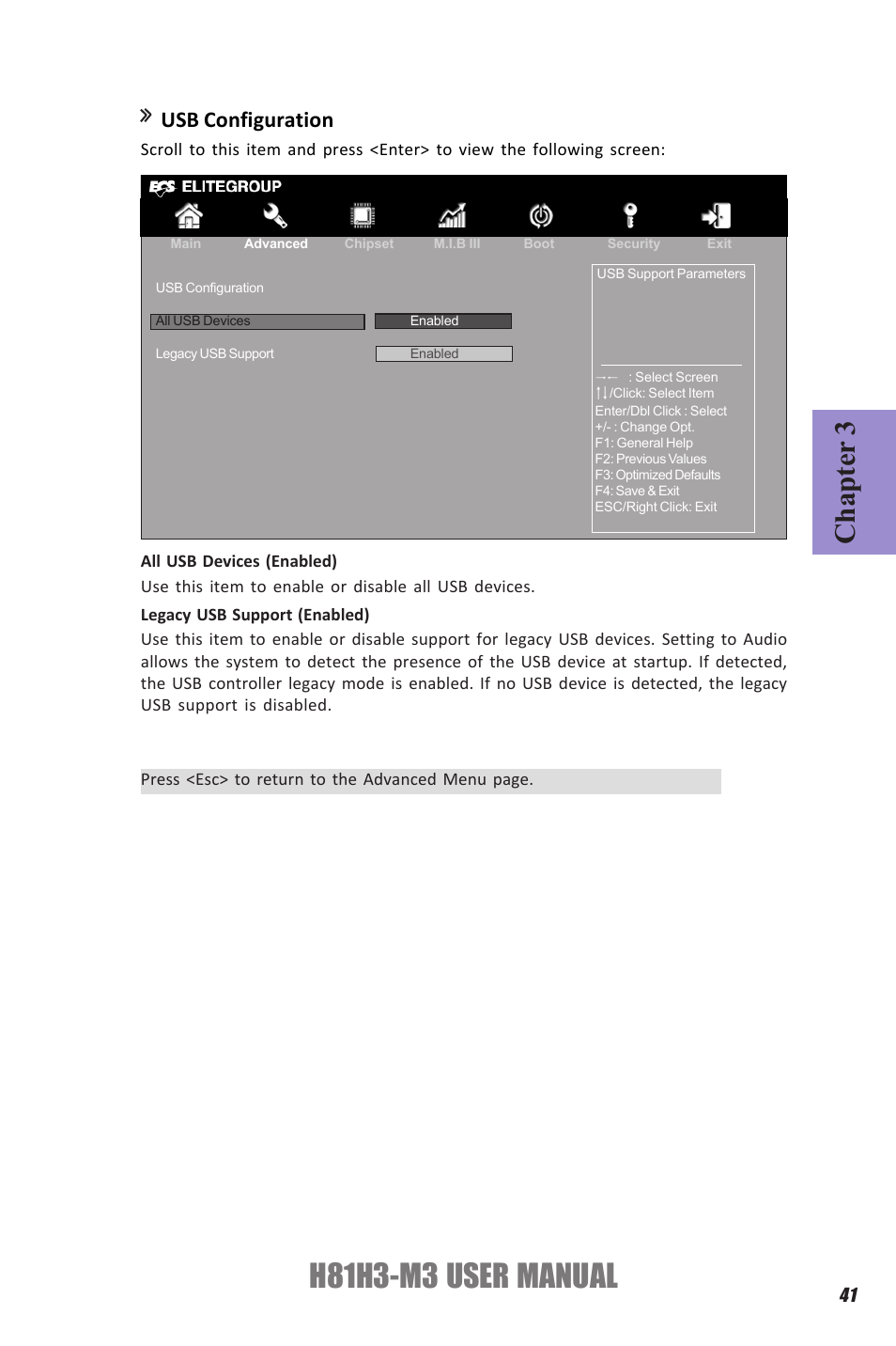 H81h3-m3 user manual, Chapter 3, Usb configuration | Elitegroup H81H3-M3 (V1.0) User Manual | Page 45 / 72