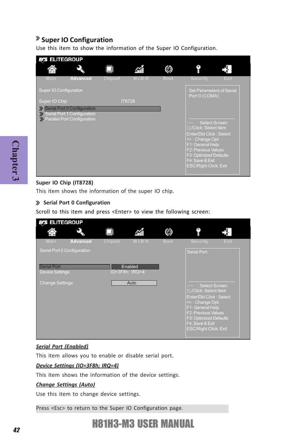 H81h3-m3 user manual, Chapter 3, Super io configuration | Elitegroup H81H3-M3 (V1.0) User Manual | Page 46 / 72