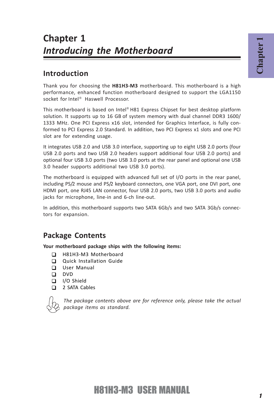 Chapter 1 introducing the motherboard, H81h3-m3 user manual, Chapter 1 | Introduction, Package contents | Elitegroup H81H3-M3 (V1.0) User Manual | Page 5 / 72