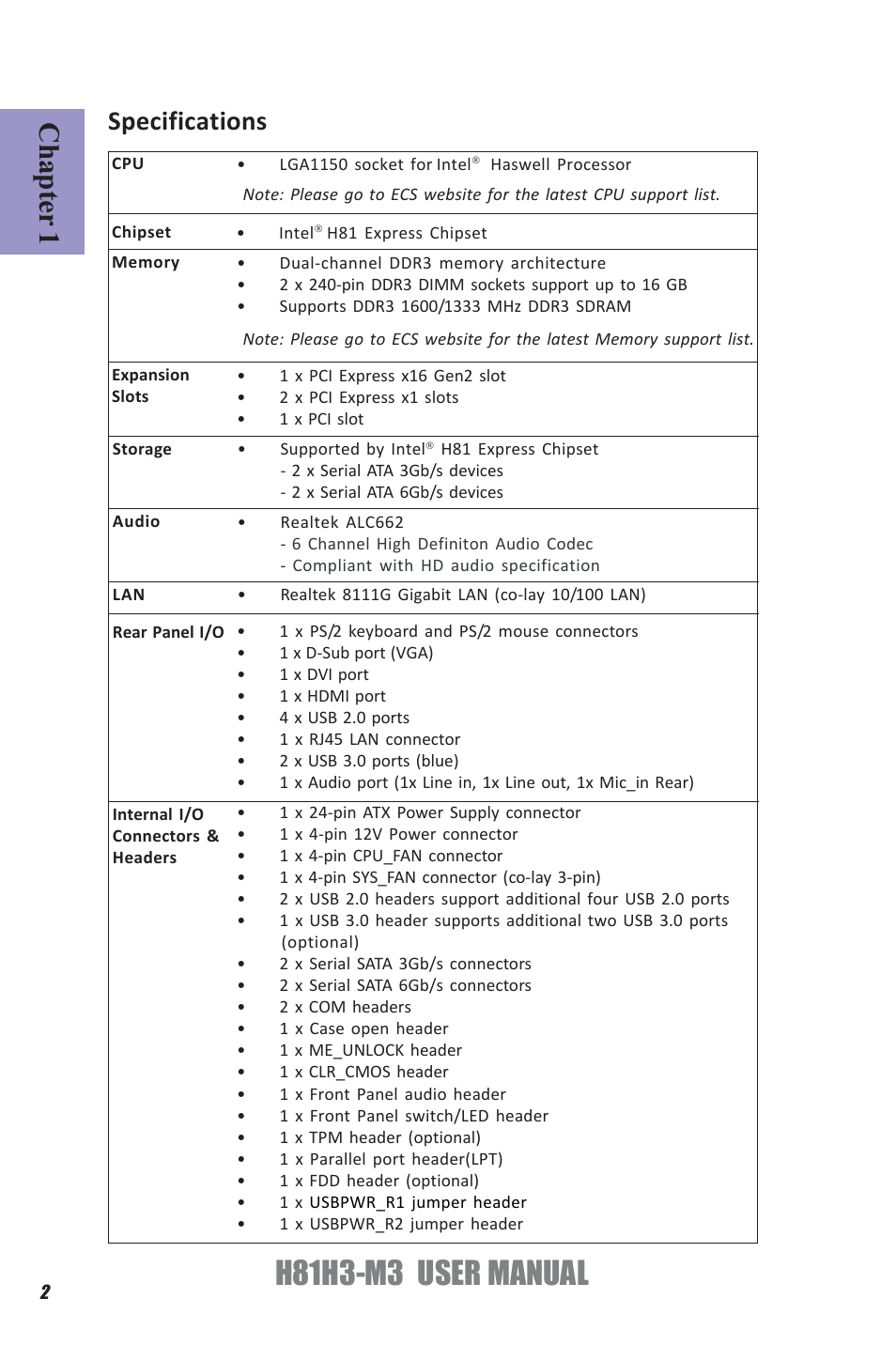 H81h3-m3 user manual, Chapter 1, Specifications | Elitegroup H81H3-M3 (V1.0) User Manual | Page 6 / 72