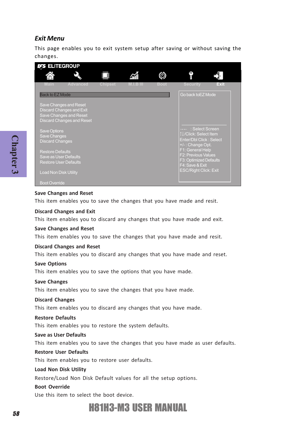 H81h3-m3 user manual, Chapter 3, Exit menu | Elitegroup H81H3-M3 (V1.0) User Manual | Page 62 / 72