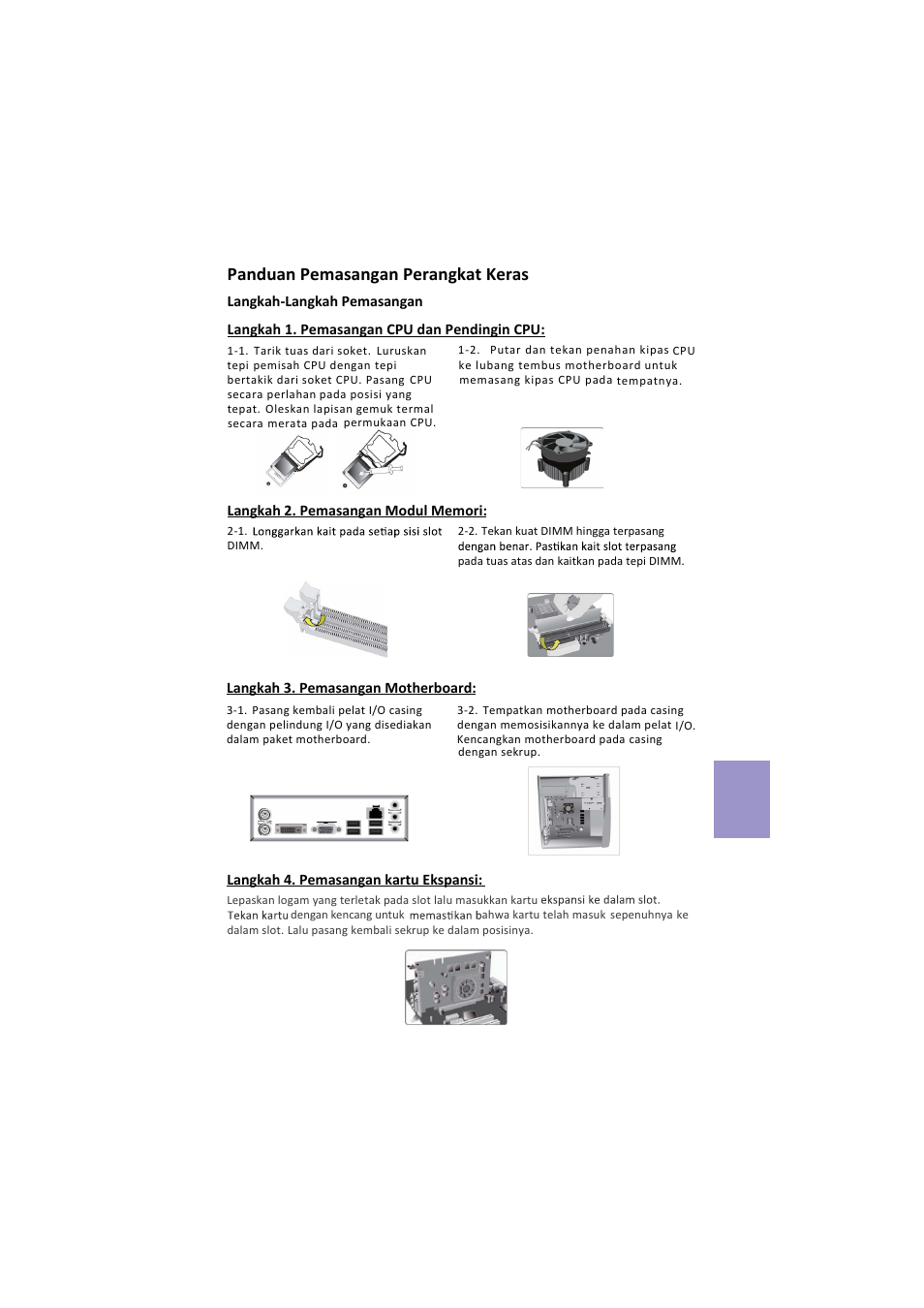 Panduan pemasangan perangkat keras, Bahasa indon e sia | Elitegroup H81H3-I/DVI (V1.0) User Manual | Page 21 / 28