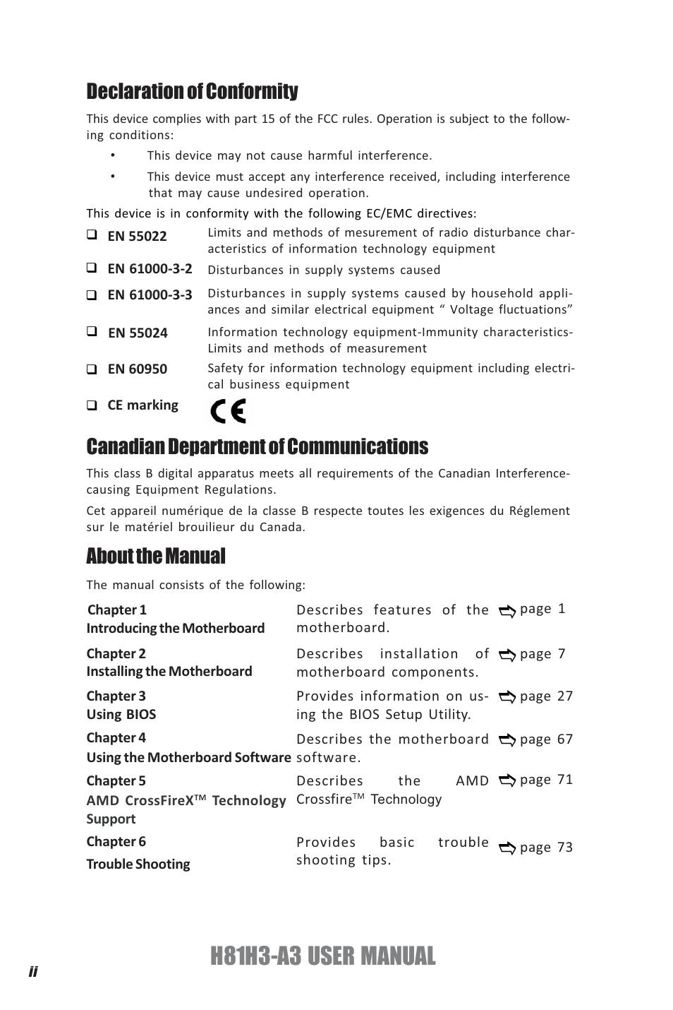 H81h3-a3 user manual, Declaration of conformity, Canadian department of communications | About the manual | Elitegroup H81H3-A3 (V1.0) User Manual | Page 2 / 80