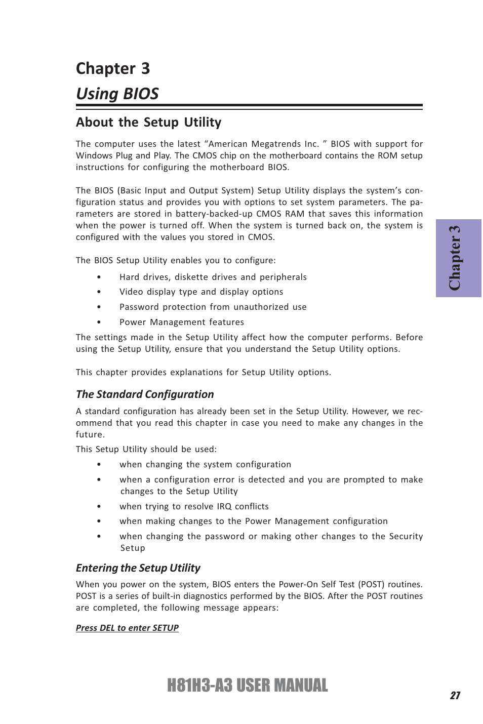Chapter 3 using bios, H81h3-a3 user manual, Chapter 3 | About the setup utility | Elitegroup H81H3-A3 (V1.0) User Manual | Page 31 / 80