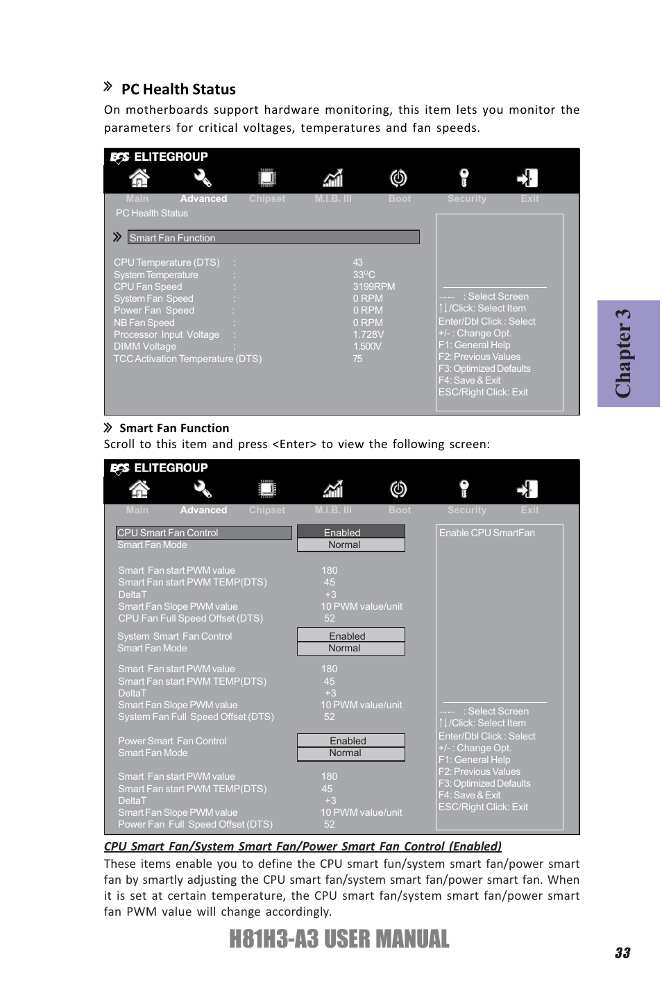 H81h3-a3 user manual, Chapter 3, Pc health status | Elitegroup H81H3-A3 (V1.0) User Manual | Page 37 / 80