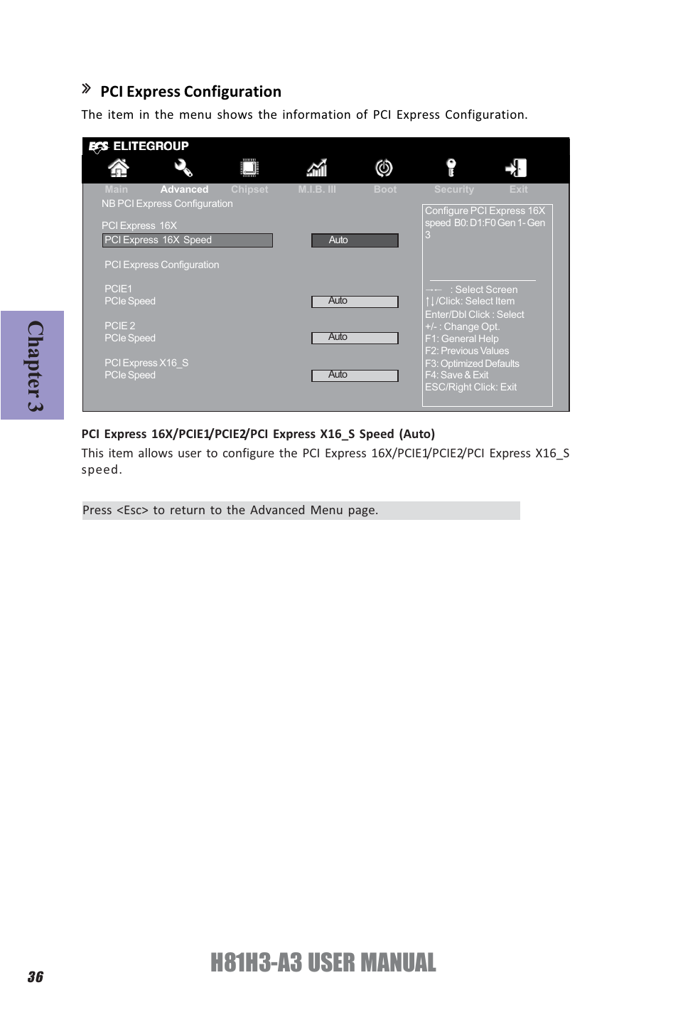 H81h3-a3 user manual, Chapter 3, Pci express configuration | Elitegroup H81H3-A3 (V1.0) User Manual | Page 40 / 80