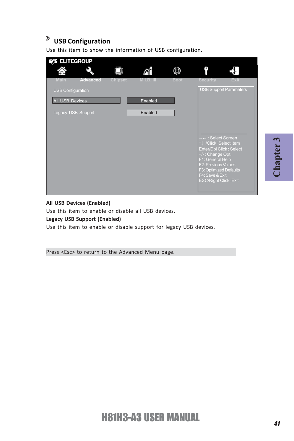 H81h3-a3 user manual, Chapter 3, Usb configuration | Elitegroup H81H3-A3 (V1.0) User Manual | Page 45 / 80