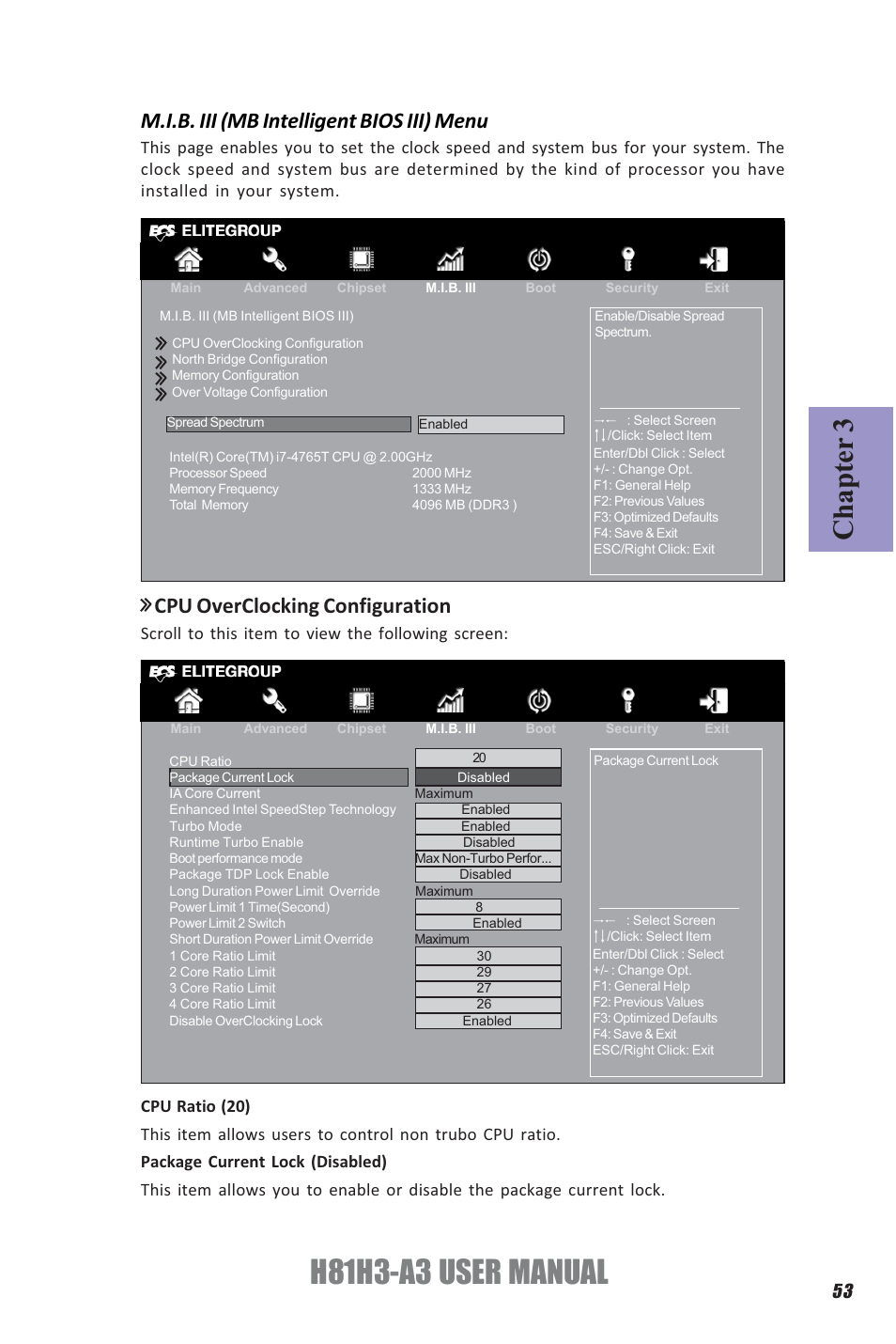 H81h3-a3 user manual, Chapter 3, M.i.b. iii (mb intelligent bios iii) menu | Cpu overclocking configuration, Scroll to this item to view the following screen | Elitegroup H81H3-A3 (V1.0) User Manual | Page 57 / 80