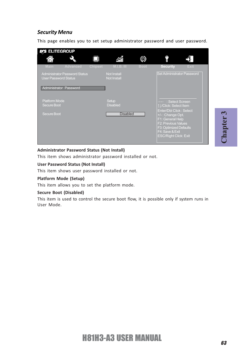 H81h3-a3 user manual, Chapter 3, Security menu | Elitegroup H81H3-A3 (V1.0) User Manual | Page 67 / 80