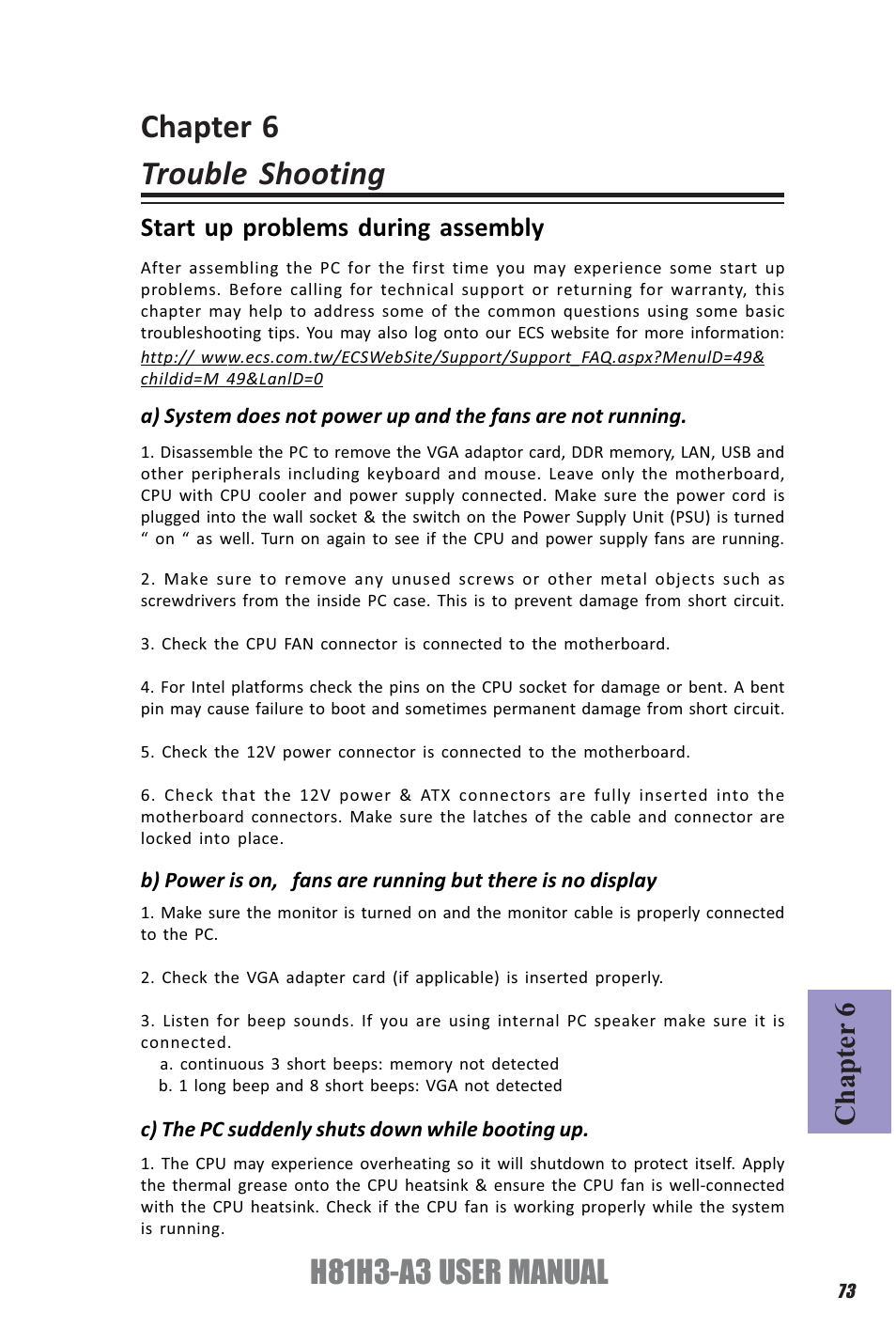 Chapter 6 trouble shooting, H81h3-a3 user manual, Chapter 6 | Start up problems during assembly | Elitegroup H81H3-A3 (V1.0) User Manual | Page 77 / 80
