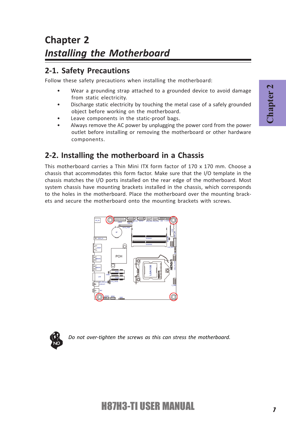 Chapter 2 installing the motherboard, H87h3-ti user manual, Chapter 2 | Elitegroup H87H3-TI (V1.0) User Manual | Page 11 / 70