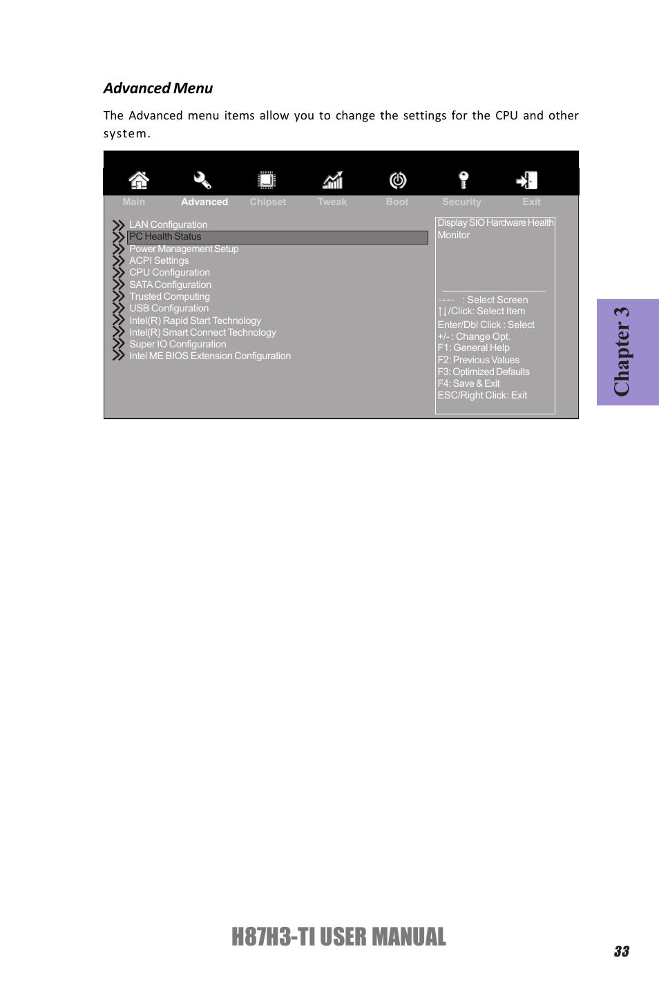 H87h3-ti user manual, Chapter 3, Advanced menu | Elitegroup H87H3-TI (V1.0) User Manual | Page 37 / 70