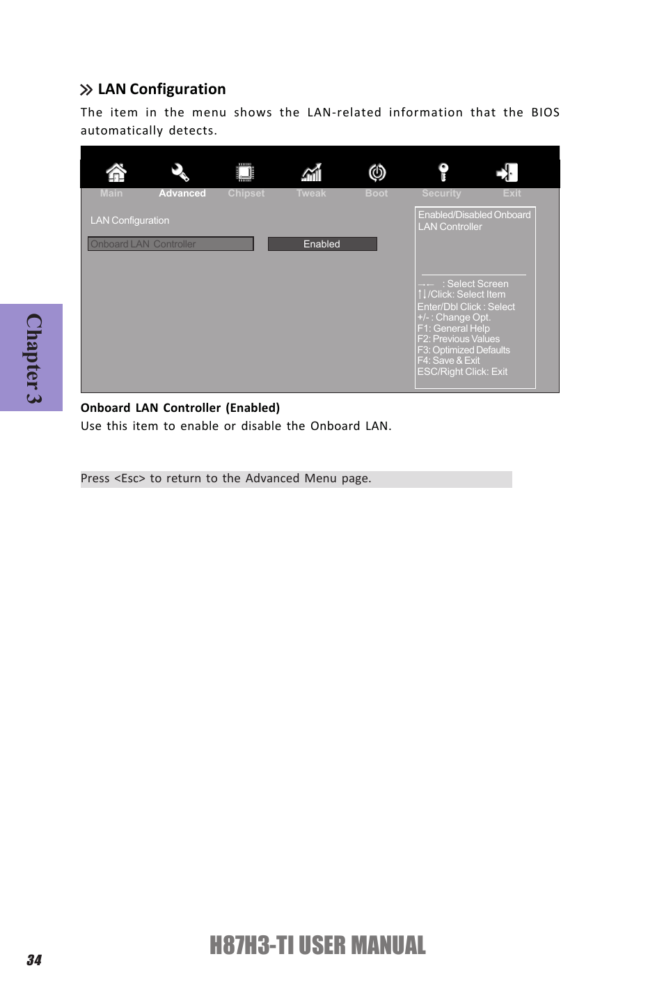 H87h3-ti user manual, Chapter 3, Lan configuration | Elitegroup H87H3-TI (V1.0) User Manual | Page 38 / 70