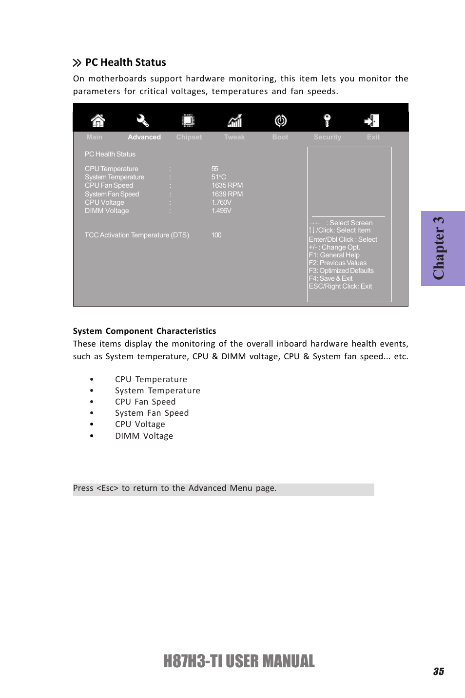H87h3-ti user manual, Chapter 3, Pc health status | Elitegroup H87H3-TI (V1.0) User Manual | Page 39 / 70