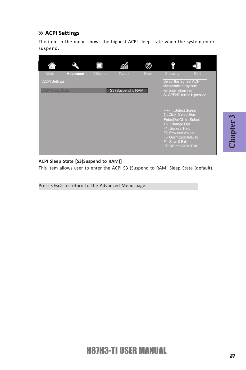 H87h3-ti user manual, Chapter 3, Acpi settings | Elitegroup H87H3-TI (V1.0) User Manual | Page 41 / 70