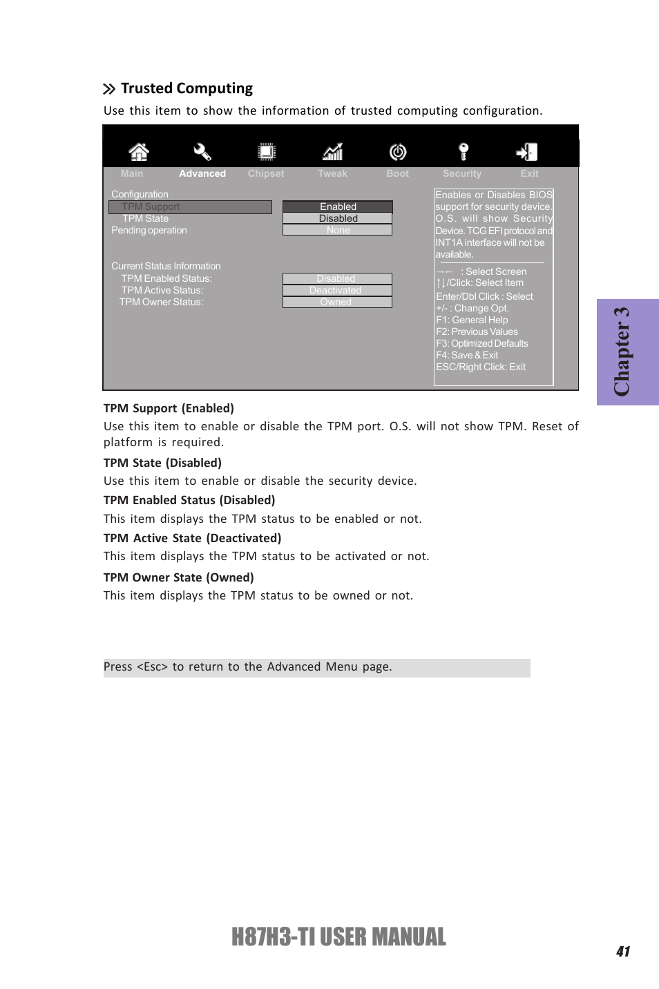 H87h3-ti user manual, Chapter 3, Trusted computing | Elitegroup H87H3-TI (V1.0) User Manual | Page 45 / 70