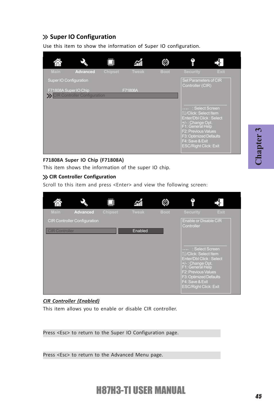 H87h3-ti user manual, Chapter 3, Super io configuration | Elitegroup H87H3-TI (V1.0) User Manual | Page 49 / 70