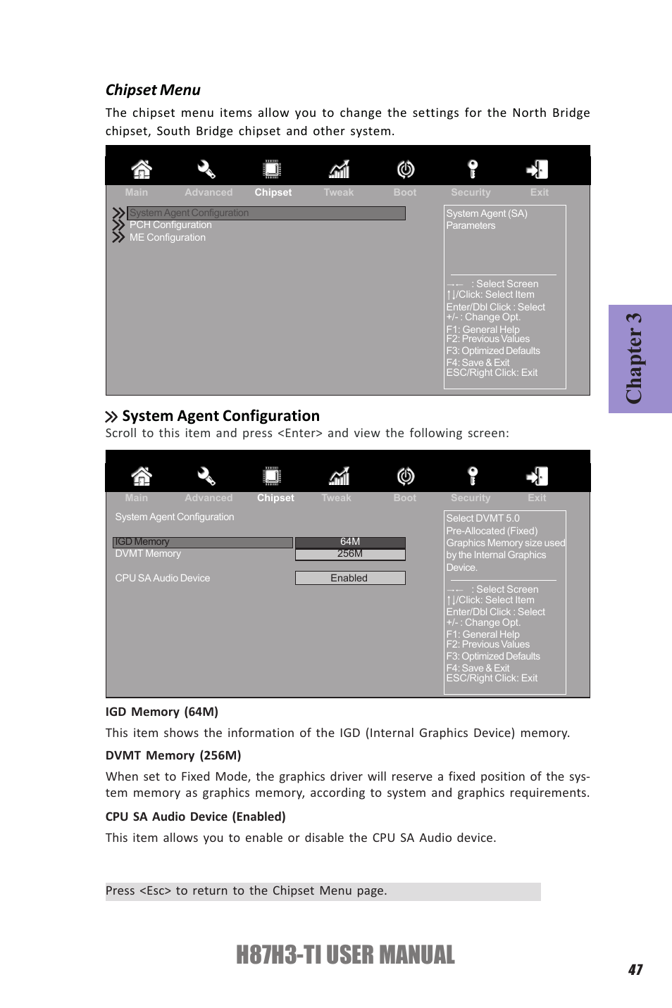 H87h3-ti user manual, Chapter 3, Chipset menu | System agent configuration | Elitegroup H87H3-TI (V1.0) User Manual | Page 51 / 70