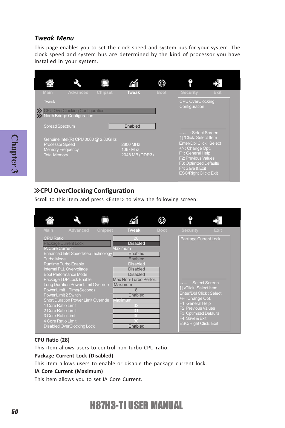 H87h3-ti user manual, Chapter 3, Tweak menu | Cpu overclocking configuration | Elitegroup H87H3-TI (V1.0) User Manual | Page 54 / 70