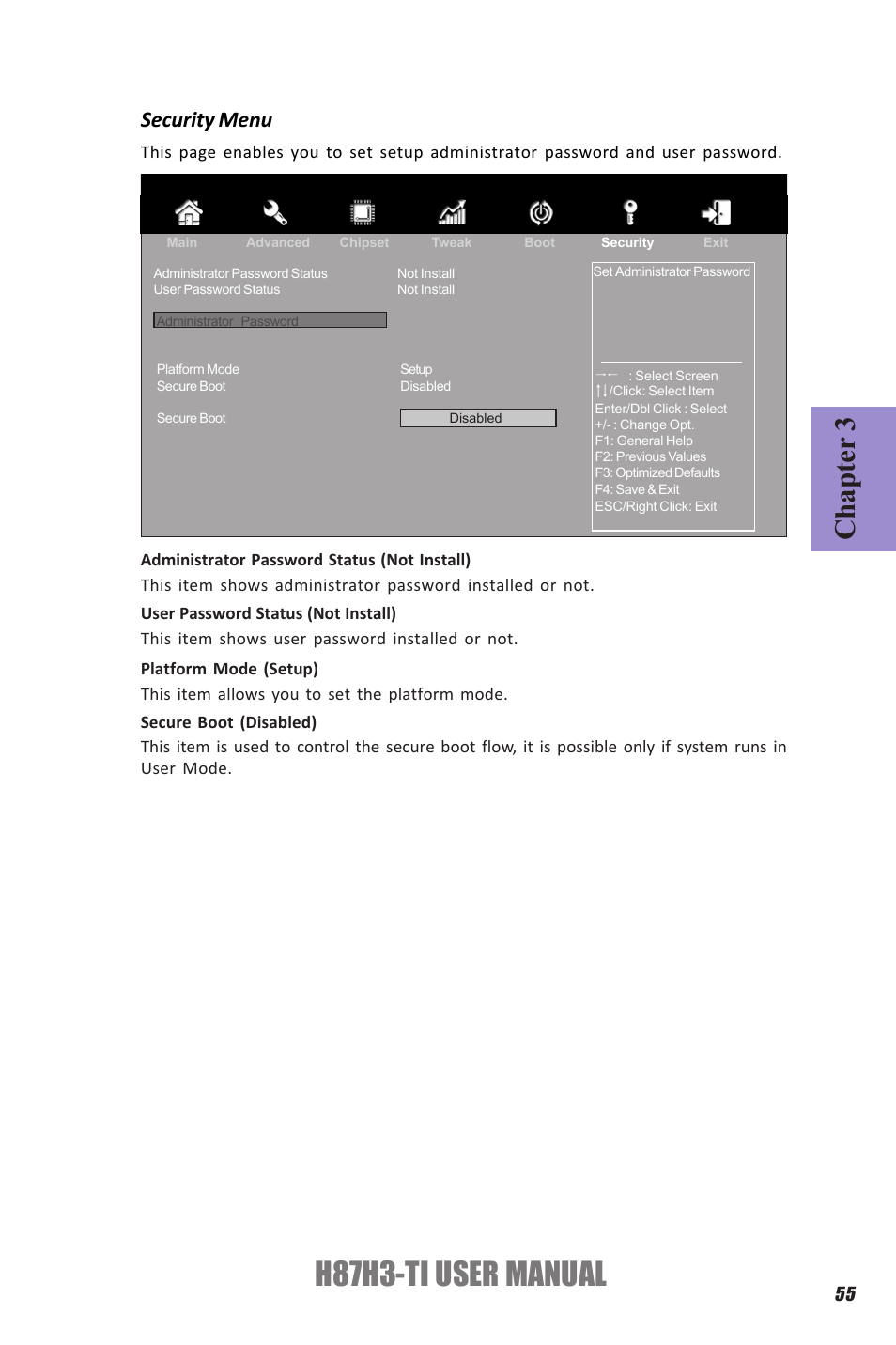 H87h3-ti user manual, Chapter 3, Security menu | Elitegroup H87H3-TI (V1.0) User Manual | Page 59 / 70