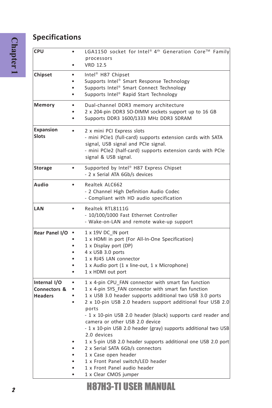H87h3-ti user manual, Chapter 1, Specifications | Elitegroup H87H3-TI (V1.0) User Manual | Page 6 / 70