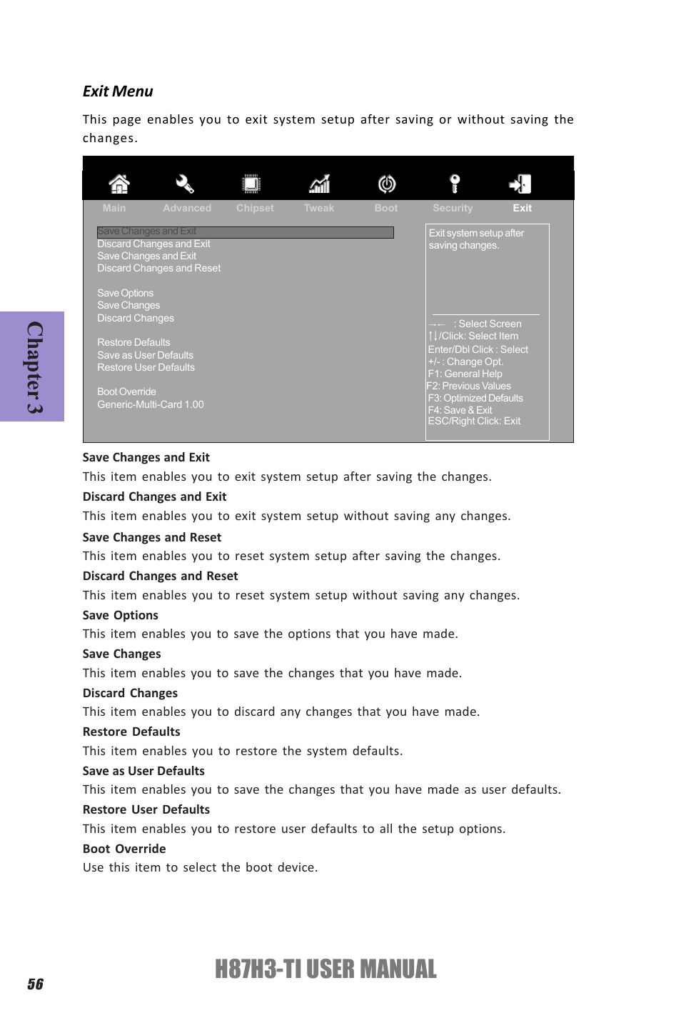 H87h3-ti user manual, Chapter 3, Exit menu | Elitegroup H87H3-TI (V1.0) User Manual | Page 60 / 70