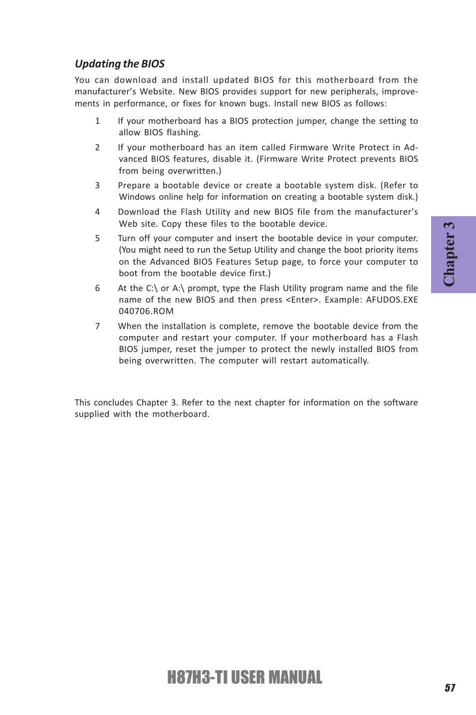 H87h3-ti user manual, Chapter 3, Updating the bios | Elitegroup H87H3-TI (V1.0) User Manual | Page 61 / 70